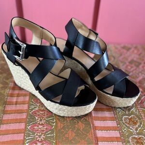 Black Leather Strappy Wedge Sandals - Size 8 - Michael Kors Sandals - Wedges